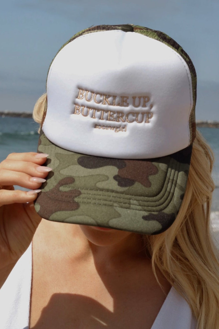 Buckleup, Buttercup Trucker Hat in Camo