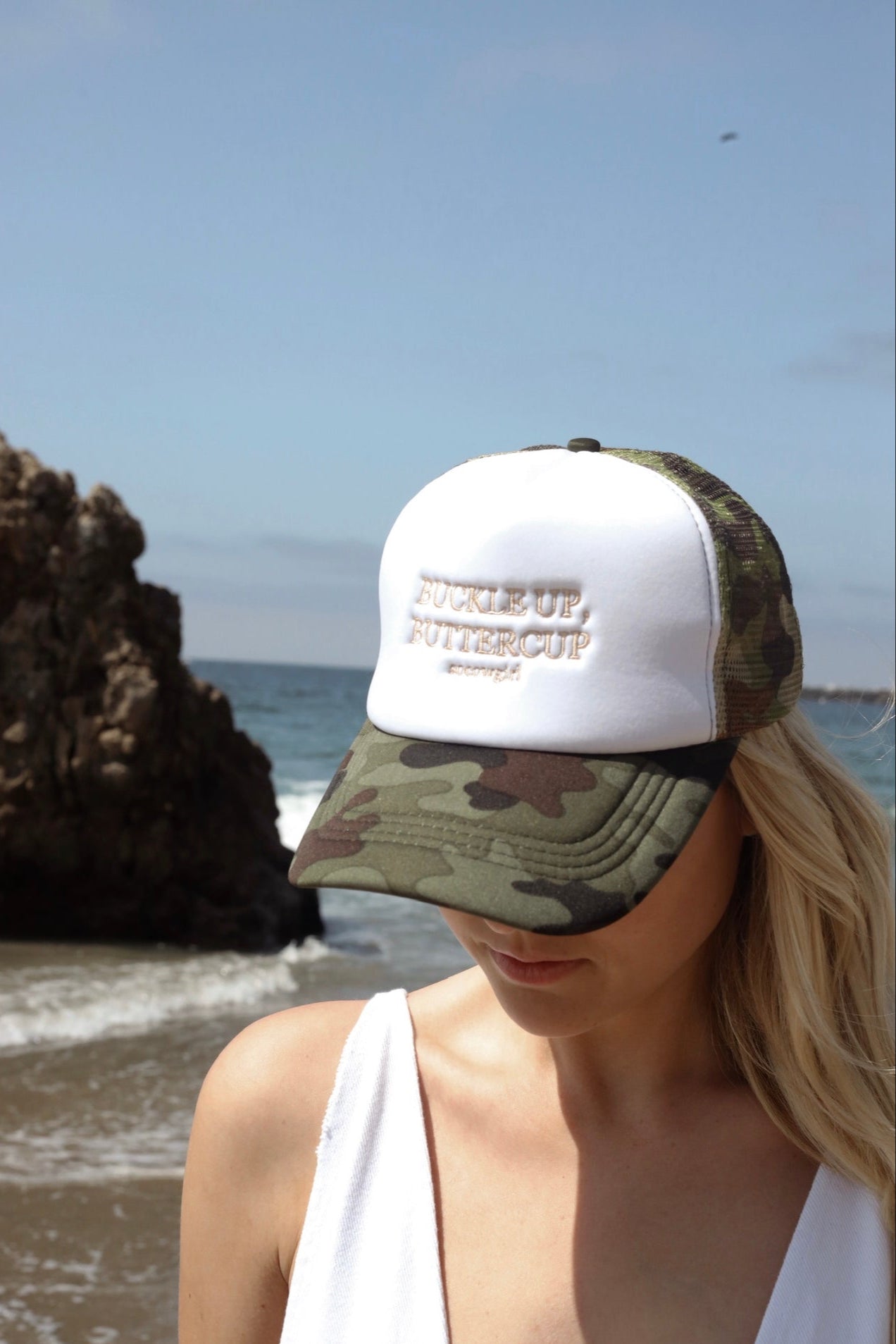 Buckleup, Buttercup Trucker Hat in Camo