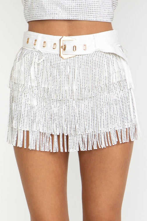 Sadie Rhinestone Fringe Skort in White