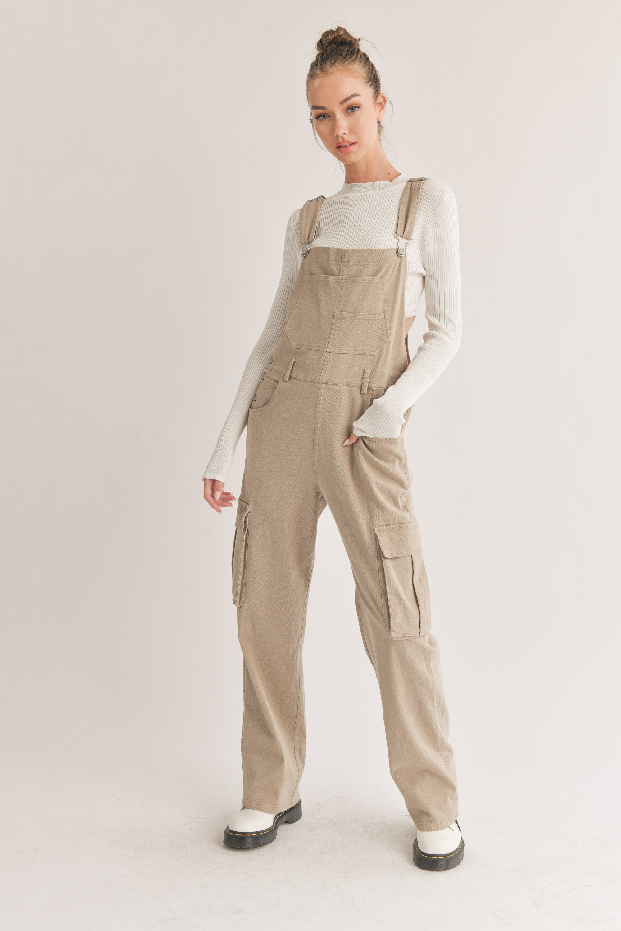 Olivia Denim Overalls in Latte