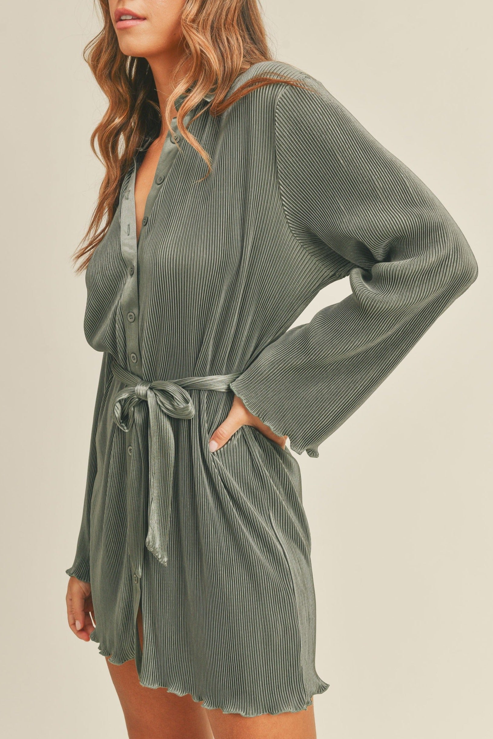 Alexa Pleated Mini Dress in Olive