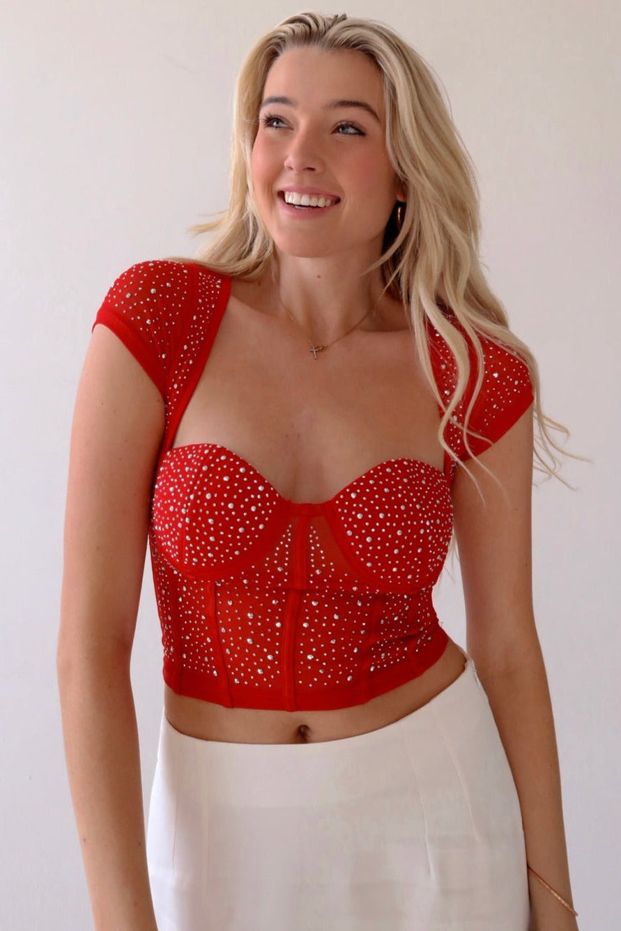 Riley Rhinestone Bustier Top in Red