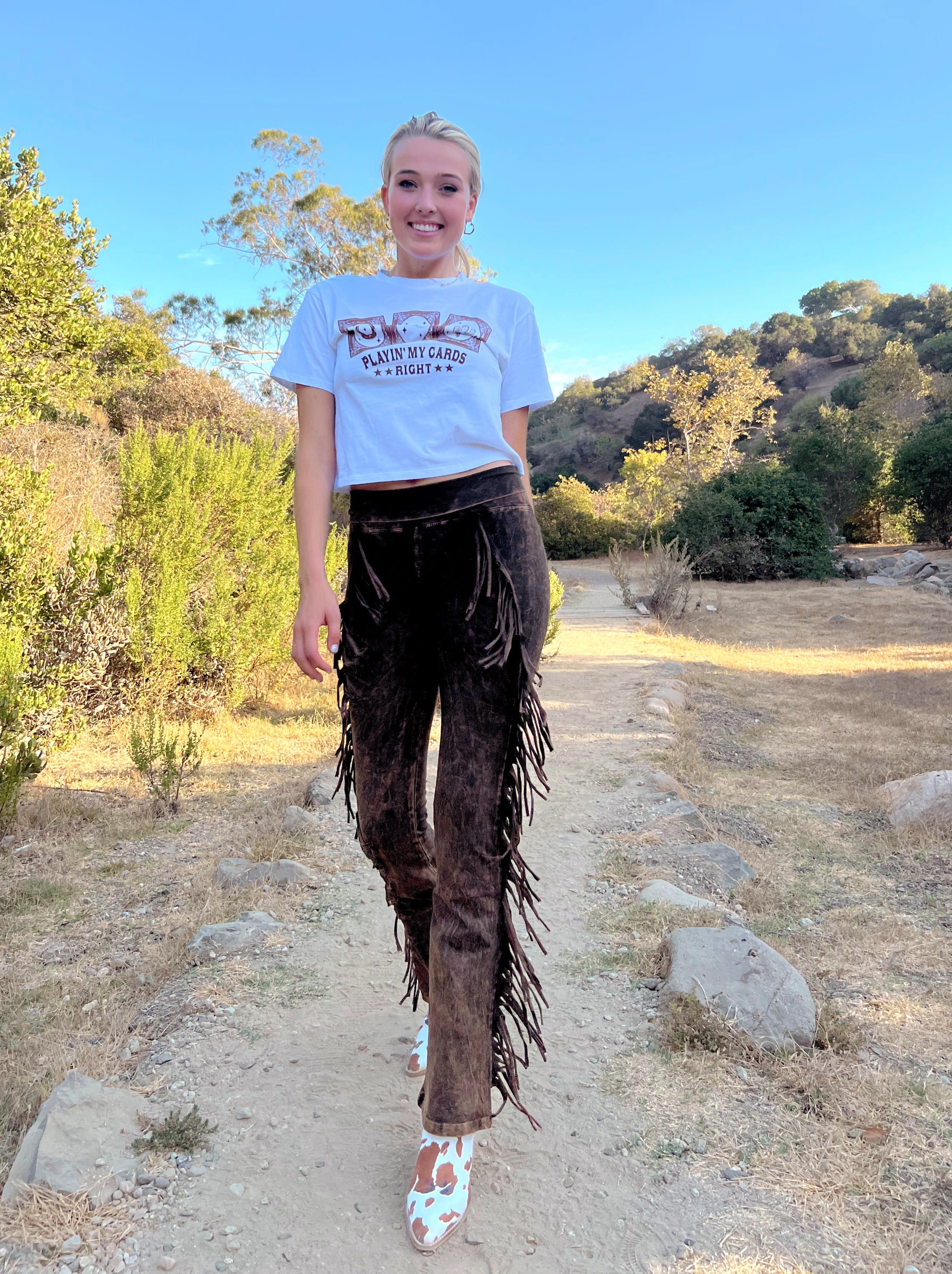 Western Fringe Yoga Pant in Distressed Brown